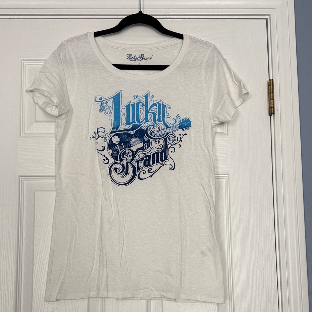 Lucky Brand White Tee with Blue Guitar Graphic